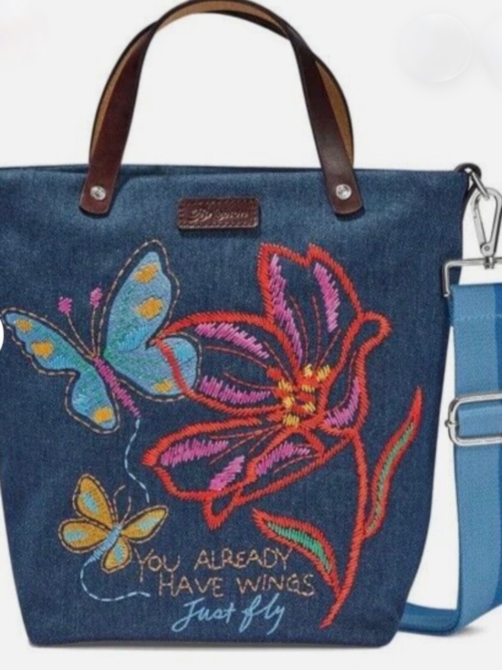 NWT Brighton Embroidered Denim Petal Wings Messenger Bag - Picture 1 of 8